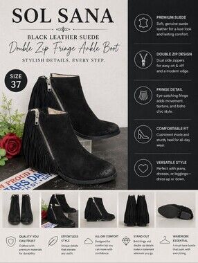 SOL SANA  Black Leather Suede Double Zip Fringe Ankle Boot  37